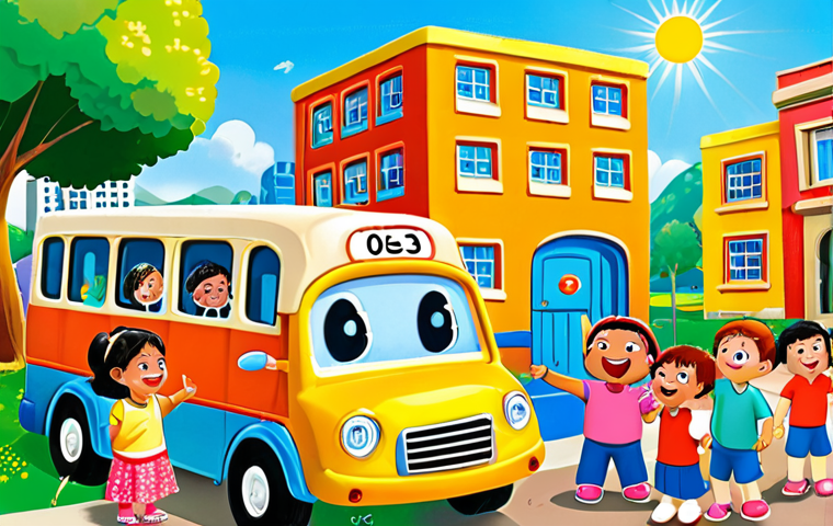 **
A group of brightly colored, friendly-looking cartoon buses (Tayo, Rogi, Gani, Lani) happily interacting with children in a sunny park setting. The children are laughing and pointing at the buses with joy. In the background, you see elements representing learning, such as colorful building blocks with numbers and letters. The overall style should be cheerful and inviting, appealing to young children.
**