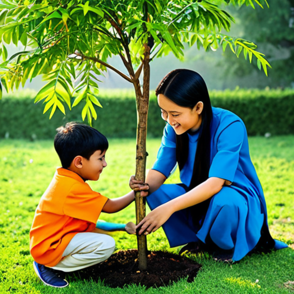 **
A heartwarming scene of Tao and his friends, Rohi and Goni, fully clothed in modest and colorful attire, helping a small child plant a tree in a lush green garden. The sun is shining brightly. Depict a sense of teamwork and friendship. Safe for work, appropriate content, family-friendly, perfect anatomy, natural proportions, well-formed hands. The style should be reminiscent of a children's book illustration.
**