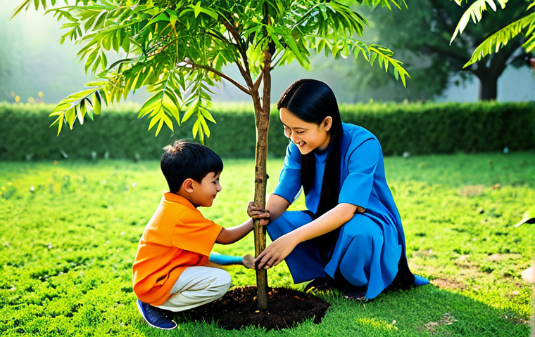 **
A heartwarming scene of Tao and his friends, Rohi and Goni, fully clothed in modest and colorful attire, helping a small child plant a tree in a lush green garden. The sun is shining brightly. Depict a sense of teamwork and friendship. Safe for work, appropriate content, family-friendly, perfect anatomy, natural proportions, well-formed hands. The style should be reminiscent of a children's book illustration.
**