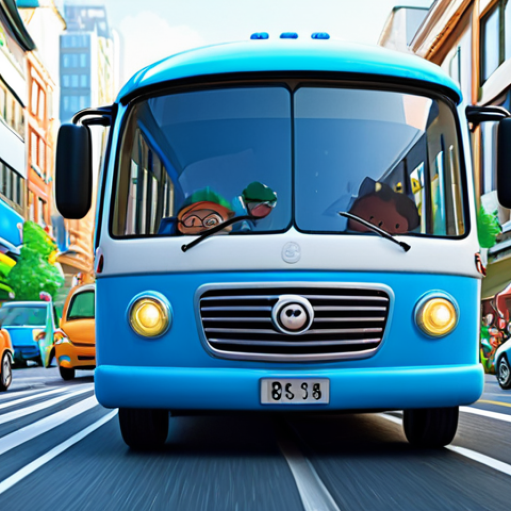 타요 관련 콘텐츠 개발 및 제작 사례 - **Prompt:** "A friendly, blue animated bus character named Tayo, fully clothed, driving on a bright ...