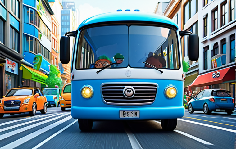 타요 관련 콘텐츠 개발 및 제작 사례 - **Prompt:** "A friendly, blue animated bus character named Tayo, fully clothed, driving on a bright ...