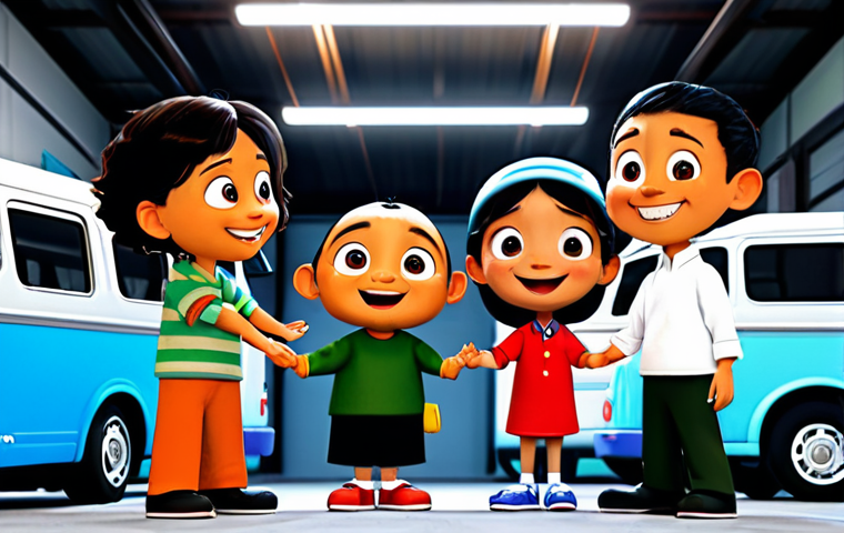 타요 관련 콘텐츠 개발 및 제작 사례 - **Prompt:** "A friendly, blue animated bus character named Tayo, fully clothed, driving on a bright ...