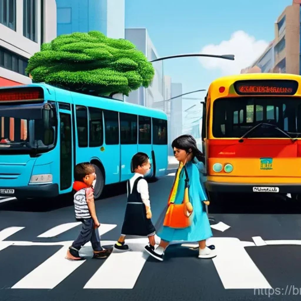 타요의 사회적 공헌 - **Prompt 1: Tayo and Friends Learning Traffic Rules**
A vibrant, sunny, wide-angle shot of a bus...