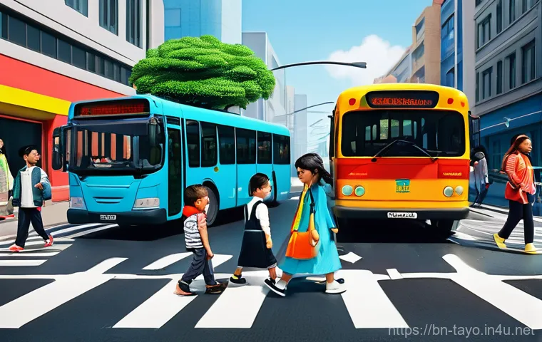 타요의 사회적 공헌 - **Prompt 1: Tayo and Friends Learning Traffic Rules**
    A vibrant, sunny, wide-angle shot of a bus...