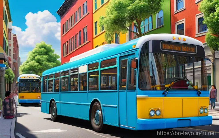 타요와 예술적 영감 - **Vibrant City Adventure with Friendly Buses:** A wide-angle, highly detailed illustration depicting...
