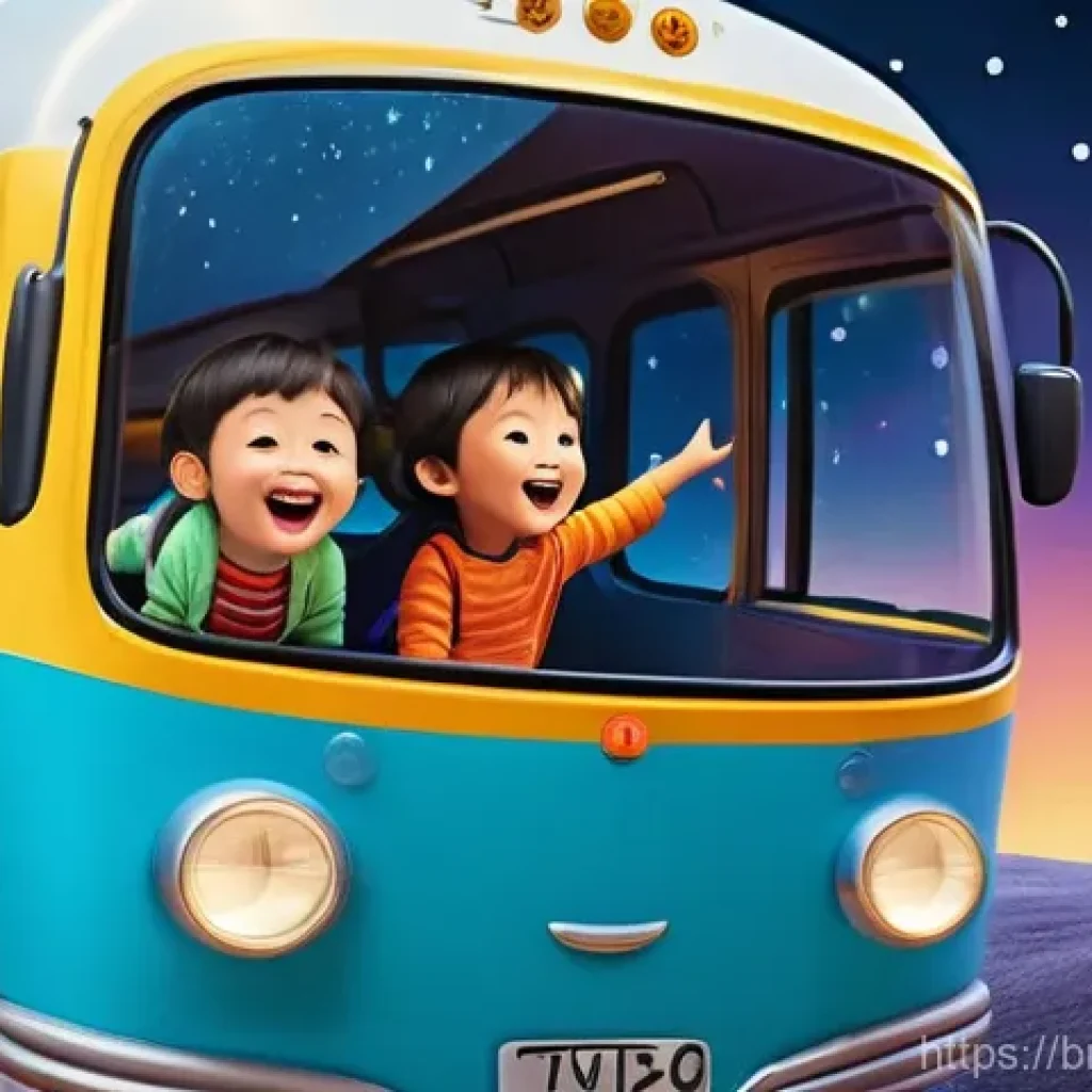 타요의 창작 이야기 - A whimsical illustration of Tayo the Little Bus soaring through a vibrant, star-filled night sky, re...
