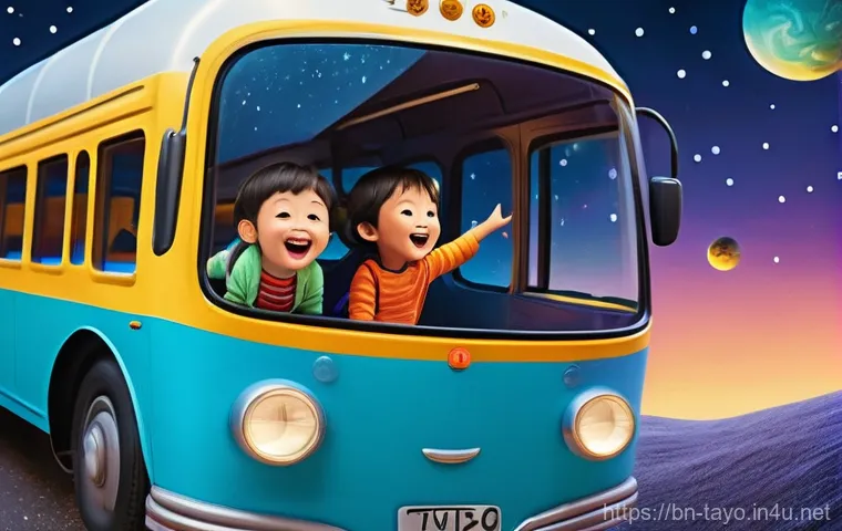 타요의 창작 이야기 - A whimsical illustration of Tayo the Little Bus soaring through a vibrant, star-filled night sky, re...