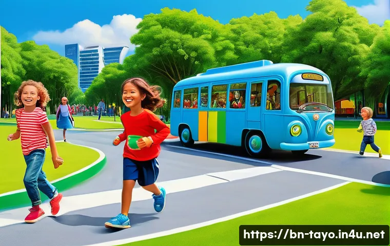 타요의 라이선싱 전략 - **Prompt:** A vibrant, cheerful scene depicting Tayo, Rogi, Gani, and Lani, the anthropomorphic litt...